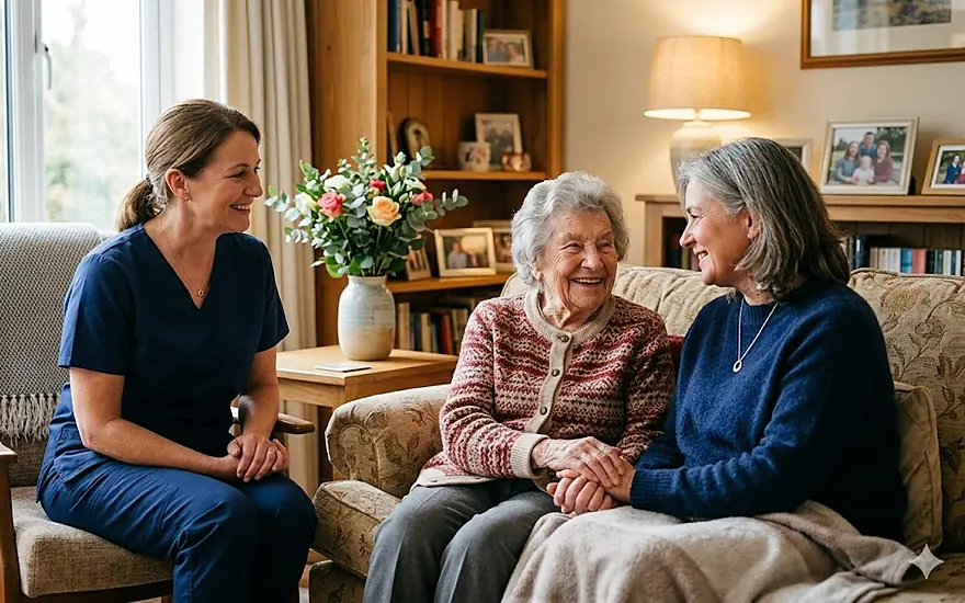 A caregiver and family connecting with a resident at Caring Angels Henderson